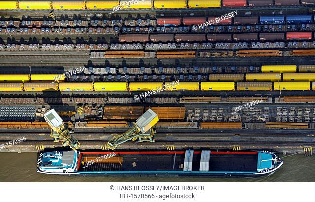 Aerial view, construction site, bulk ships, unloading of coal, ThyssenKrupp Steel, port Walsum, Duisburg, Ruhrgebiet region, North Rhine-Westphalia, Germany