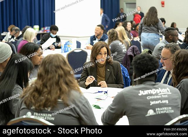 United States Vice President Kamala Harris participates in a Martin Luther King Jr. Day service project at George Washington University on Monday, January 16