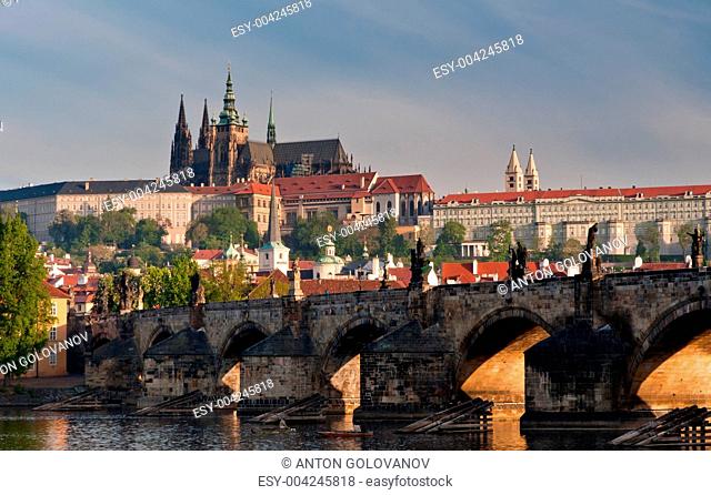 Closer view to Charles Bridge and Prague Castle, Czech Republic