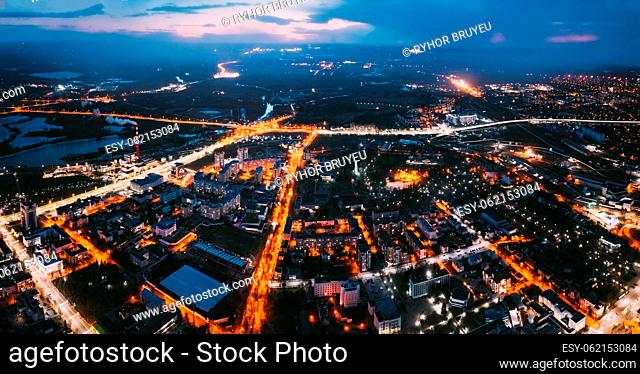 Brest, Belarus. Aerial Bird's-eye View Of Brest Cityscape Skyline. Night Traffic In Residential District