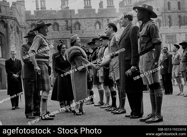 The Queen Mother Meets the Overseas Scouts.Queen Elizabeth the Queen Mother with Princess Margaret is introduced to Overseas representatives during the parade
