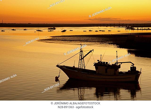 Fishing boat on Rio Tinto river in the evening, Huelva, Andalusia, Spain