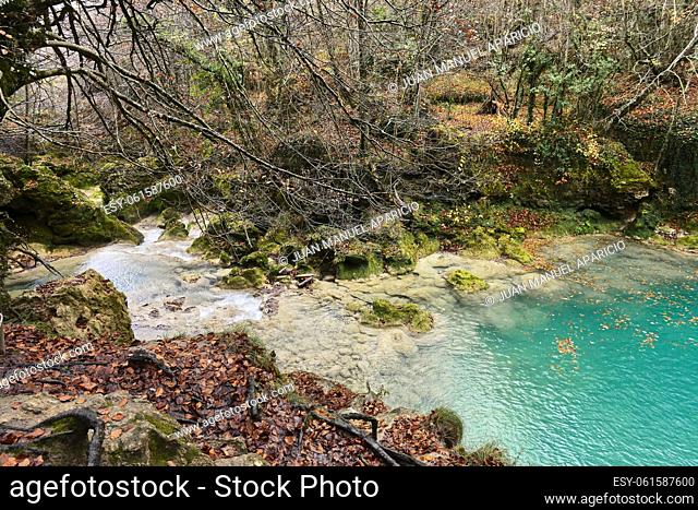 Turquoise water in the source of the Uderra River natural Park Urbasa-Andia, Baquedano, Navarre, Spain, Europe