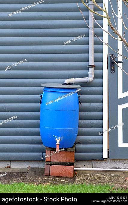 Blue rain barrel on the shed