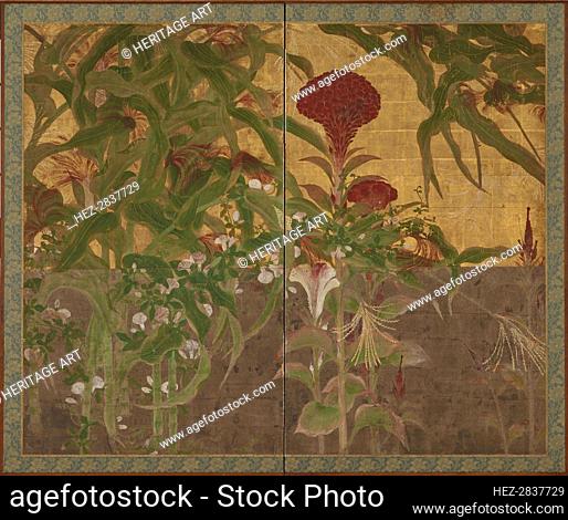 Coxcombs, maize and morning glories, Momoyama period, 17th century. Creator: Unknown