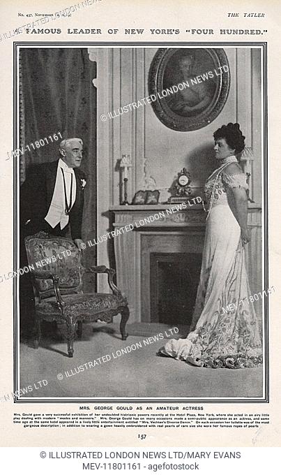 Black and white full page photograph of Mrs George Gould (Edith Mary Kingdon) in the Tatler of 10th November 1909. American by birth