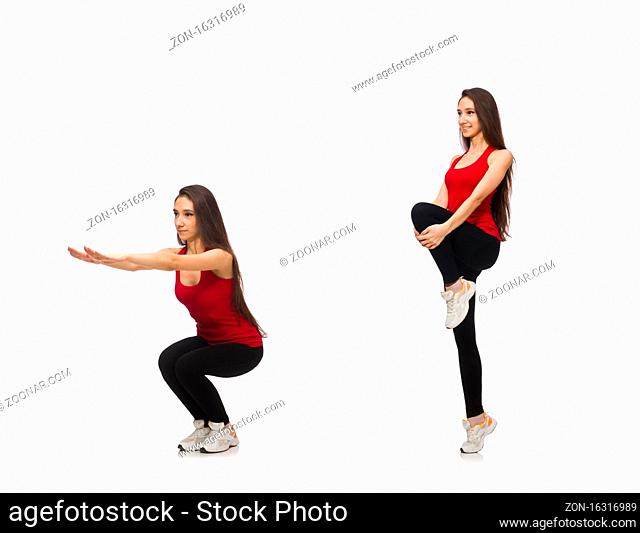 The young woman doing sport exercises isolated on white