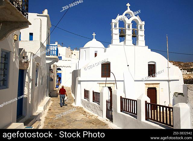 View to an Orthodox church and typical whitewashed Cycladic houses at the old town Hora-Chora, Amorgos Island, Cyclades Islands, Greek Islands, Greece, Europe