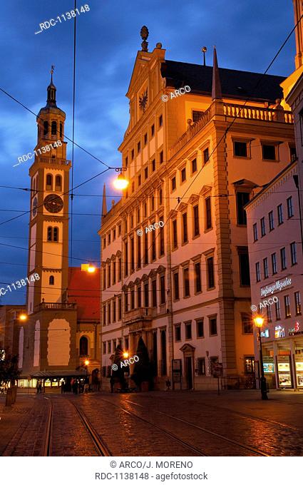 Augsburg, Maximilianstrasse, Maximilian street, Perlach Tower, Town Hall, Romantic Road, Romantische Strasse, Swabia, Bavaria, Germany, Europe