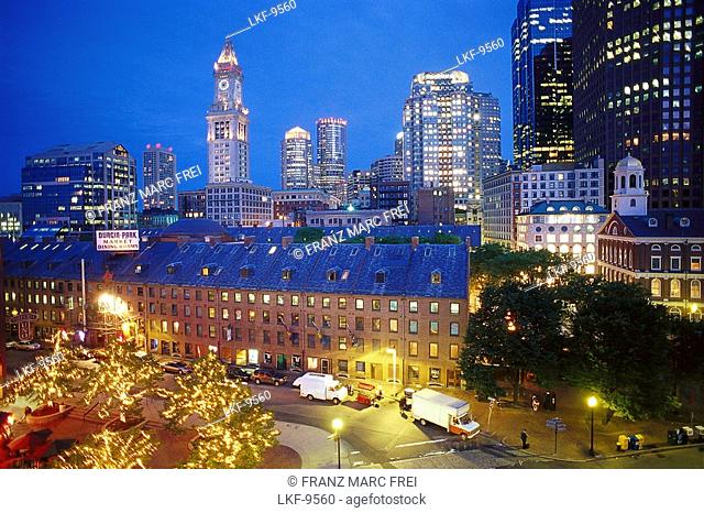 Illuminated skyline in the evening, Financial District, Quincy Market, Boston, Massachusetts USA, America