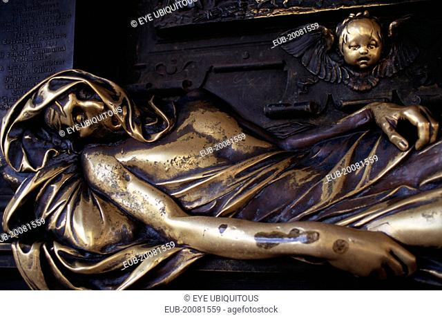 Grand Place. Detail of bronze monument to Everard T Serclaes who liberated Brussels from the Flemish in the 14th Century by Julien Dillens