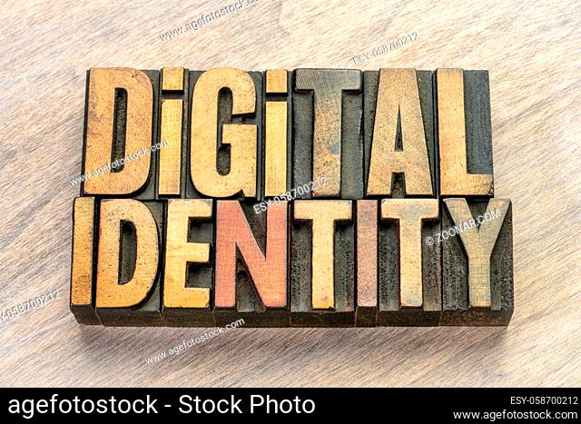 digital identity word abstract in vintage letterpress wood type