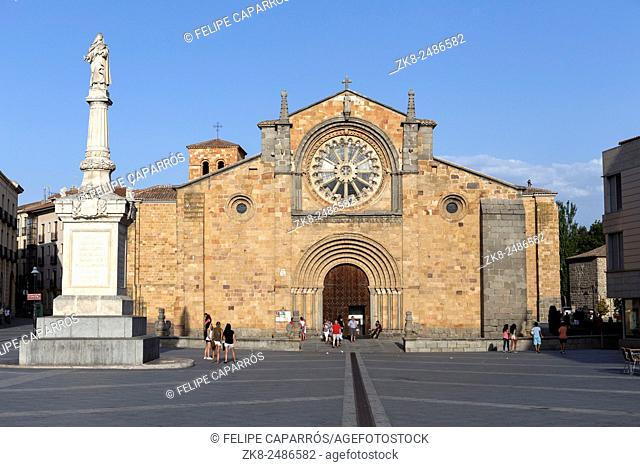 Avila, SPAIN - 10 august 2015: Santa Teresa Square, Front of the Church of San Pedro, main facade stands out its Cistercian rosette, Avila, Spain