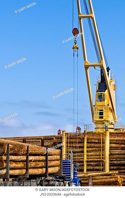 Ship mounted crane lifting logs onto log ship for transport to China; big rig truck delivering more logs; Port of Port Angeles, Washington USA