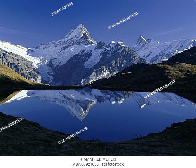Switzerland, Berner Oberland, Bachalp-Lake, Wetterhorn, Schreckhorn, mountain scenery, mountains, high mountain regions, mountain lake, lake, water-surface