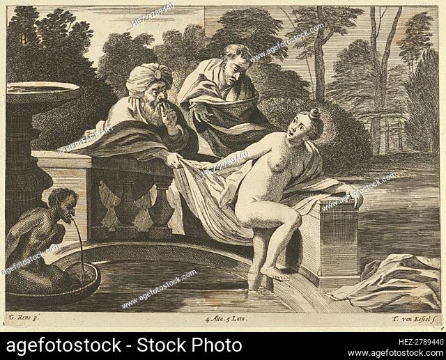 Susanna, partly naked and stepping out of a fountain with two elders at left, one o.., ca. 1656-60. Creator: Théodorus van Kessel