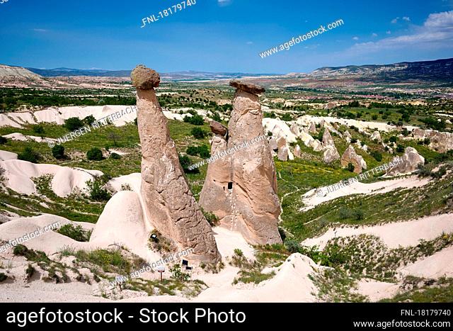 Formation of the Three Beauties, Üç Güzeller, Cappadocia, Anatolia, Turkey|erosion formation of the Three Beauties, Üç Güzeller, Cappadocia, Anatolia, Turkey|