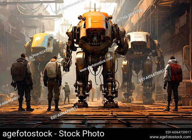 A group of people standing around a giant robot. AI Generated
