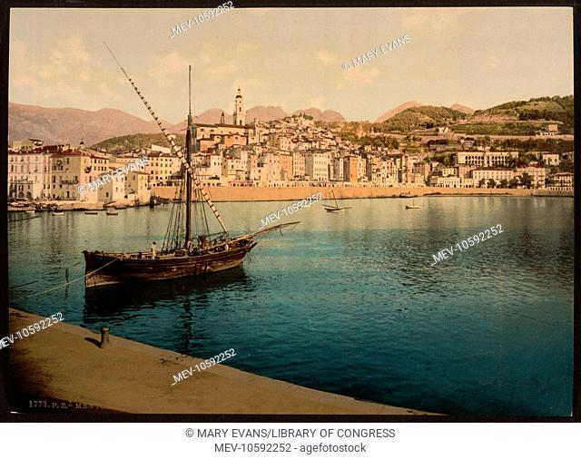 The harbor and old town, Mentone, Riviera. Date between ca. 1890 and ca. 1900