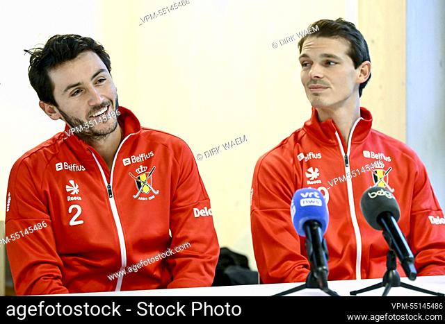 Belgium's Arthur van Doren and Belgium's Felix Denayer pictured during a press conference of the Red Lions Belgian national hockey team to announce the...