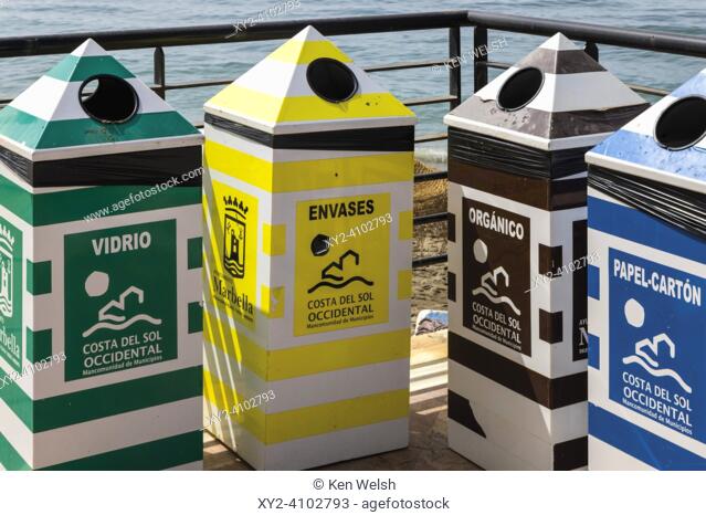 Segregated waste bins. Marbella, Costa del Sol, Malaga Province, Andalusia, southern Spain