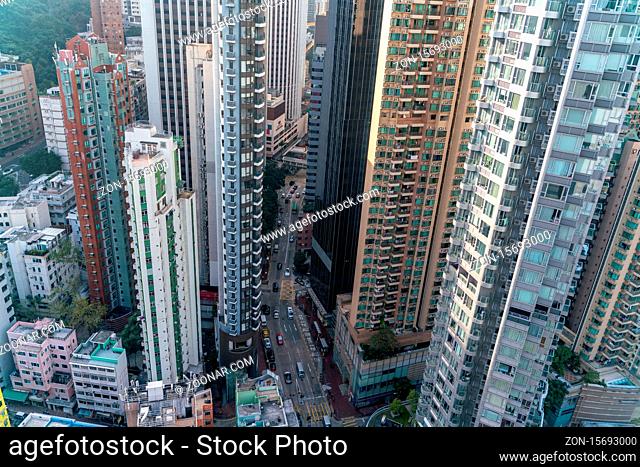 The amazing view of Hong-Kong cityscape full of skyscrapers from the rooftop