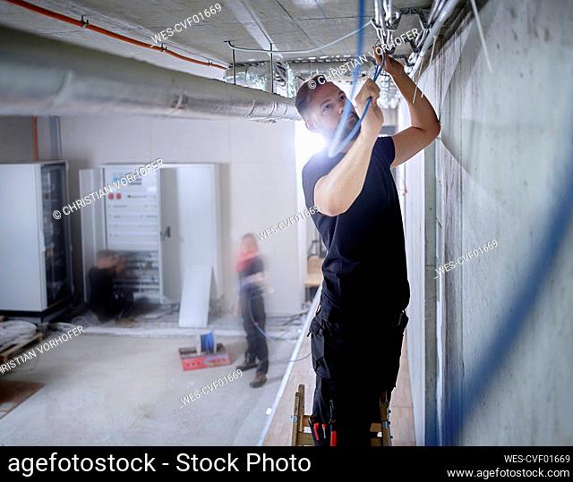 Male electrician installing cables on ceiling in while working in workshop
