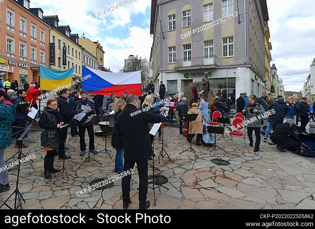 The Karlovy Vary Symphony Orchestra played Czech and Ukrainian national anthems on the T. G. Masaryk Square in Karlovy Vary, Czech Republic, on February 25