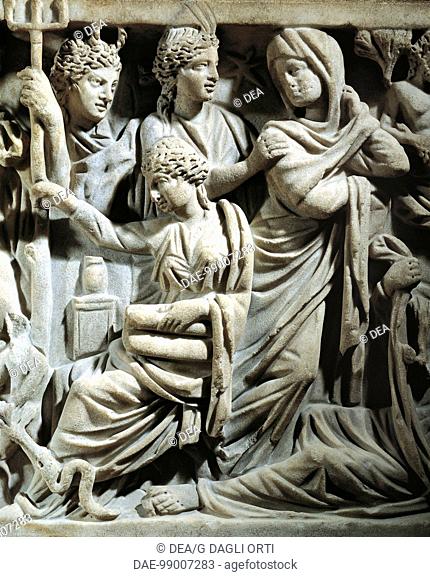 Roman civilization, 4th century. Marble sarcophagus. Relief depicting Prometheus myth. From Arles. Detail: group of Roman women
