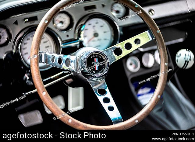 DIEDERSDORF, GERMANY - AUGUST 21, 2021: The interior of pony car Shelby Cobra GT500, (high-performance version of Ford Mustang). The exhibition of