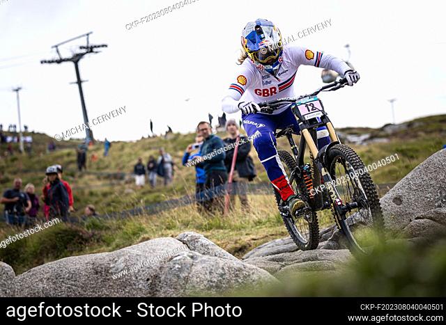 Biker Rachel Atherton of Great Britain in action during the UCI Cycling World Championships Mountain Bike Downhill race at Fort William in the Highlands of...