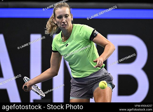 Belgian Elise Mertens pictured in action during the morning training session before the tie between Belgium and Slovakia in the group stage of the Billie Jean...