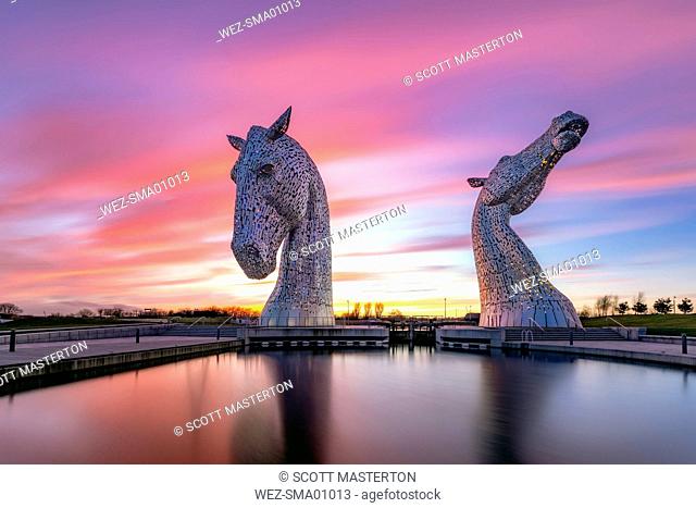 United Kingdom, Scotland, Falkirk, Sculptures The Kelpies by Andy Scott in the evening light