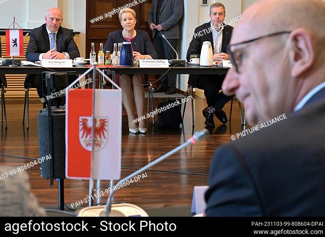 03 November 2023, Brandenburg, Potsdam: Kai Wegner (CDU, l), Governing Mayor of Berlin, and Berlin's Mayor and Senator Franziska Giffey at the joint cabinet...