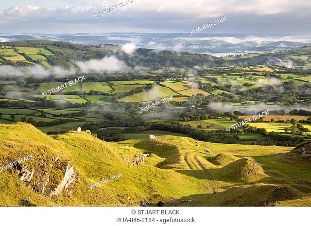 Misty farmland from Black Mountain, Capel Gwynfe, Brecon Beacons National Park, Carmarthenshire, Wales, United Kingdom, Europe