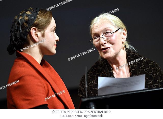 The laudator, actress Edith Clever (R), speaks to actress and singer Valery Tscheplanowa during the Alfred Kerr Actors Award ceremony at the Haus der Berliner...