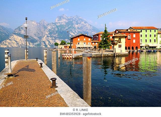 panoramic view over Lake Garda from the promenade of the village, Italy, Trient, Torbole