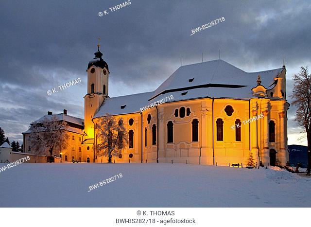 Wieskirche near Steingaden in winter and evening illumination, Germany, Bavaria, Oberbayern, Upper Bavaria, Wies
