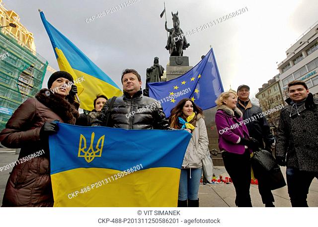 A group of about twenty Ukrainians, living in Czech Republic, protest against the Ukrainian government's decision to pause integration with the European Union
