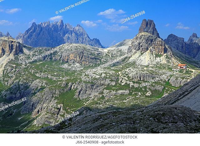 Landscape next to the Three Peaks of Lavadero with Locatelli refuge. Dolomites of Auronzo. Italy
