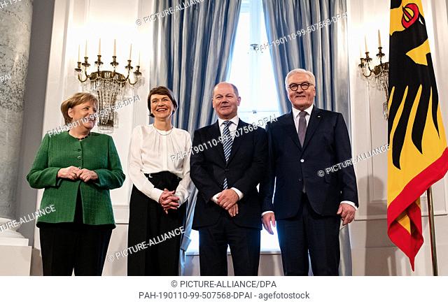 10 January 2019, Berlin: Federal Chancellor Angela Merkel (l, CDU) and Olaf Scholz (2nd from right, SPD), Federal Minister of Finance