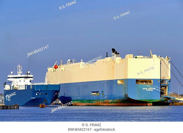 two car carrier ships in harbour Kaiserhafen, Germany, Bremerhaven