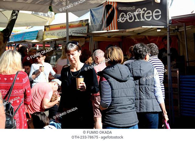Visitors shopping at the food stalls at Eumundi markets, Sunshine Coast, Queensland, Australia