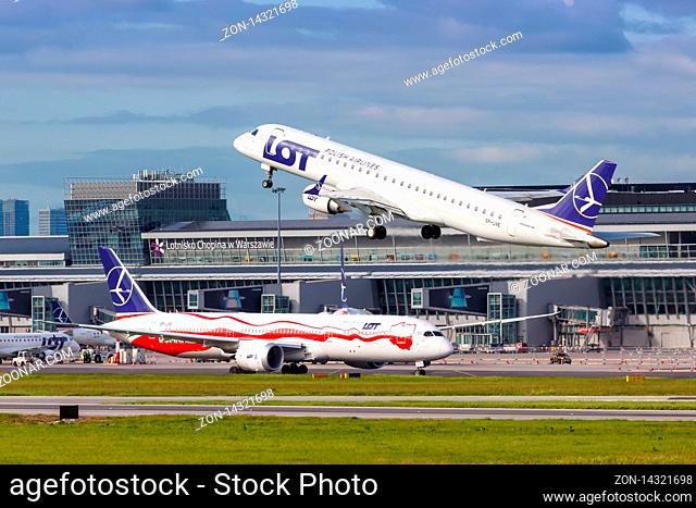 Warsaw, Poland ? May 29, 2019: LOT Polskie Linie Lotnicze Embraer 195 airplane at Warsaw airport (WAW) in Poland