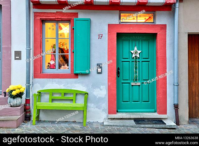 House facade, window, front door, Christmas, decoration, blue hour, Karlstadt am Main, Main-Spessart, Franconia, Bavaria, Germany, Europe