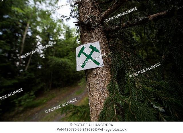 27 July 2018, Germany, Lehesten: A mining symbol with a mallet and iron hangs on a tree in Lehesten Slate Park. The economic basis of the city of Lehesten was...