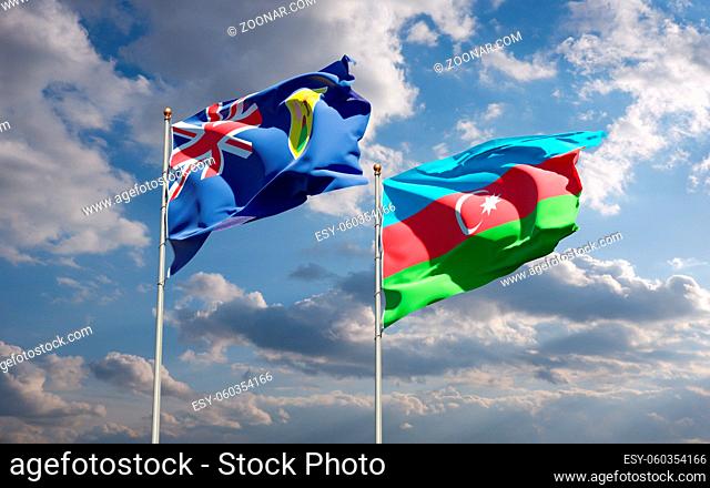 Beautiful national state flags of Turks and Caicos Islands and Azerbaijan together at the sky background. 3D artwork concept