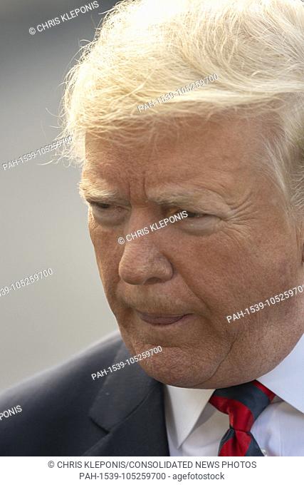 United States President Donald J. Trump seeks to the media before departing the White House in Washington, DC to attend the G-7 meeting in Canada, June 8, 2018