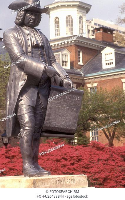 Philadelphia, Pennsylvania, William Penn Statue and azaleas at the entrance to Pennsylvania Hospital in downtown Philadelphia