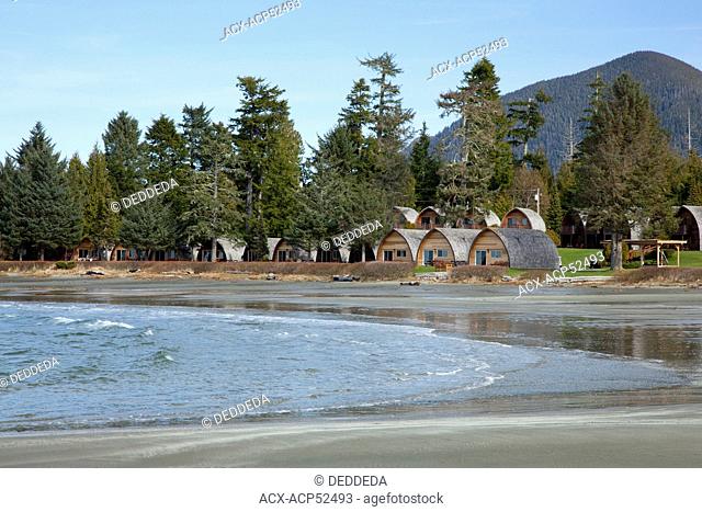 Cabins and rental accommodations at MacKenzie Beach near Tofino, British Columbia, Canada on Vancouver Island in Clayoquot Sound UNESCO Biosphere Reserve